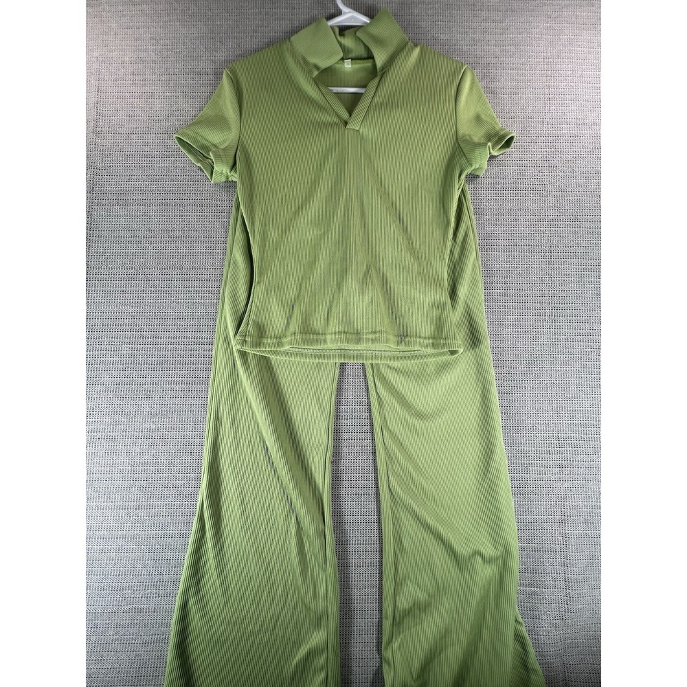 Womens 2 Piece Outfit Ribbed Short Sleeve V Neck Polo Top Flare Pants Size M